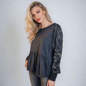 Free People XS Black Long Silver Lace Embroidered Sleeves Peplum Top